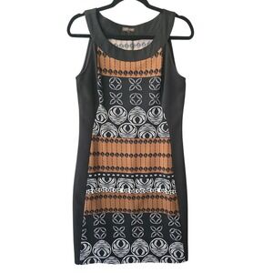 VOIR VOIR Black Tan Geometric Print Sleeveless Sheath Dress Size Medium
